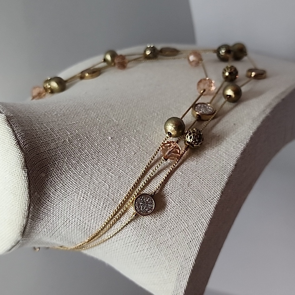 Three Strand Station Bead Ball Crystal Faux Pave Necklace - Picture 2 of 8